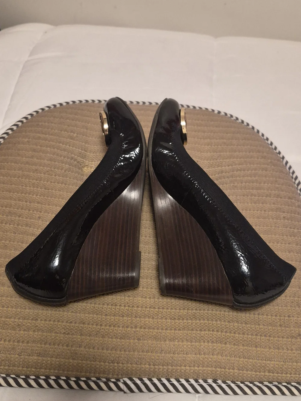 Tory Burch Black Patent Wedge Ballet Flats with Gold Logo